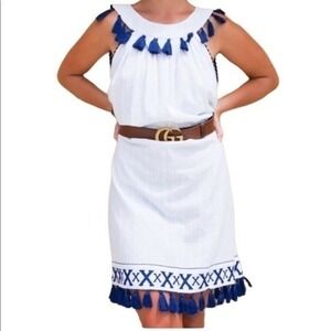 Mer St. Barth Katrina Fringe embroidered Coastal Boho Mini Cotton Dress  L